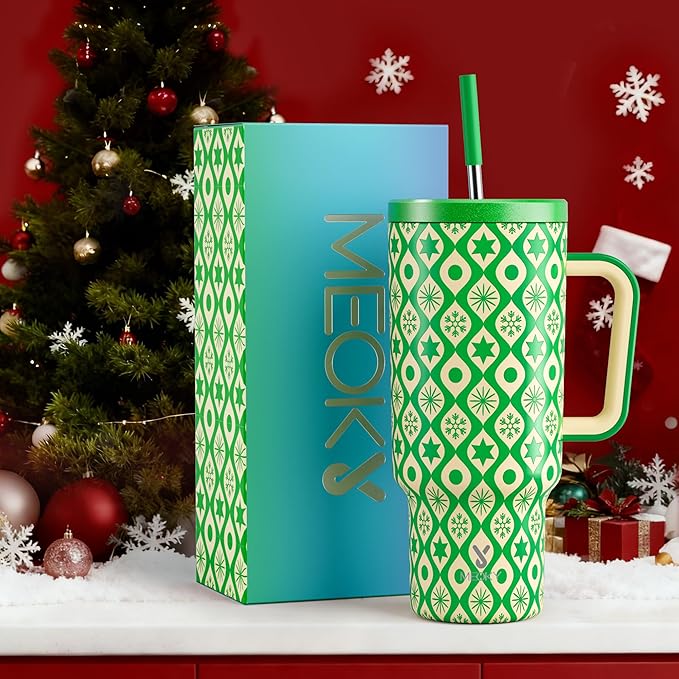 Meoky 40 oz Christmas Tumbler with Handle and Straw, Xmas Tumbler with Lid and Straw, Insulated Stainless Steel Travel Mug, Christmas Gifts for Women Men Adults (Emerald Cheer)