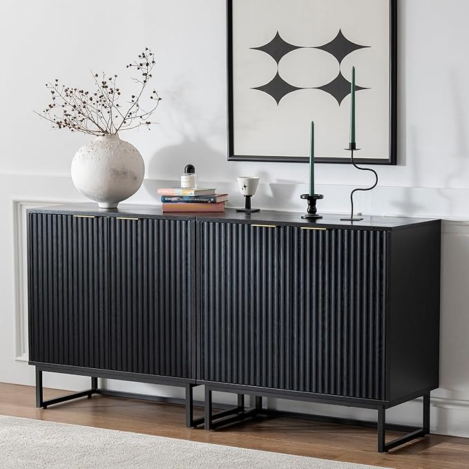 Fluted Storage Cabinets Set of 3, Sideboard Buffet Cabinet Modern Accent Cabinet with Adjustable Shelves, Credenza, Console Table Entryway Cabinets for Living Room, Black