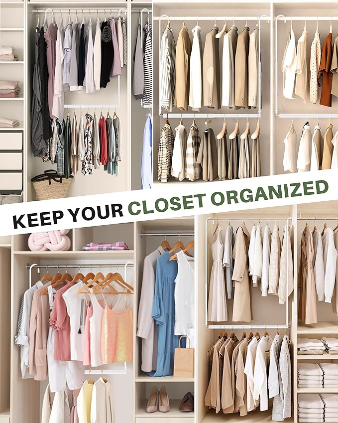 Hanging Closet Rod, 2 Pack Adjustable Height & Width Closet Rods for Hanging Clothes-Closet Extender Hanging Rod Space-Maximizing Design Suitable for Hanging and Drying Clothes, White