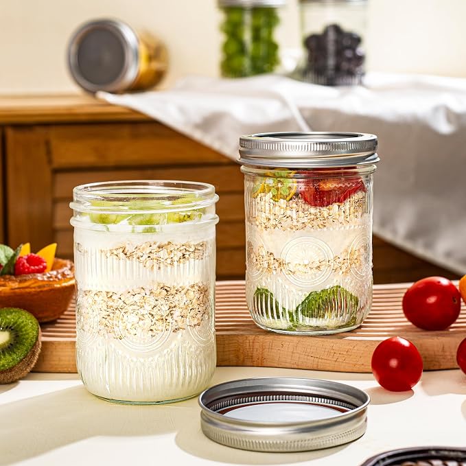 Amzcku 16oz vintage Mason Jars with Lids, Wide Mouth Canning Jar, Safe For Storage, Canning, Pickling, Preserving, Fermenting, DIY Crafts & Decor 6 Pack