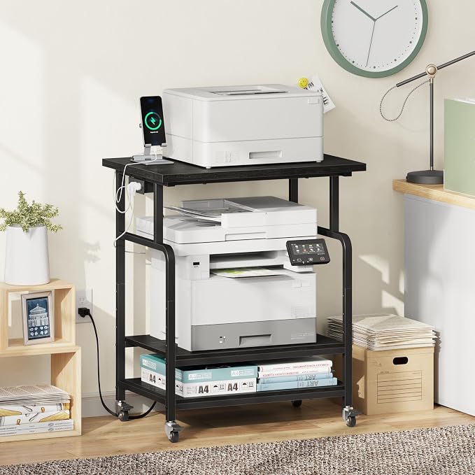 YAOHUOO 3 Tier Large Printer Stand with Power Outlet/Adjustable Shelf | 23.6"x19.6" Large Top,Fit 2-3 printers,Rolling Cart with Wheels,Table for Home Office,Fit 3D Printer/Heat Press/Laser,Black
