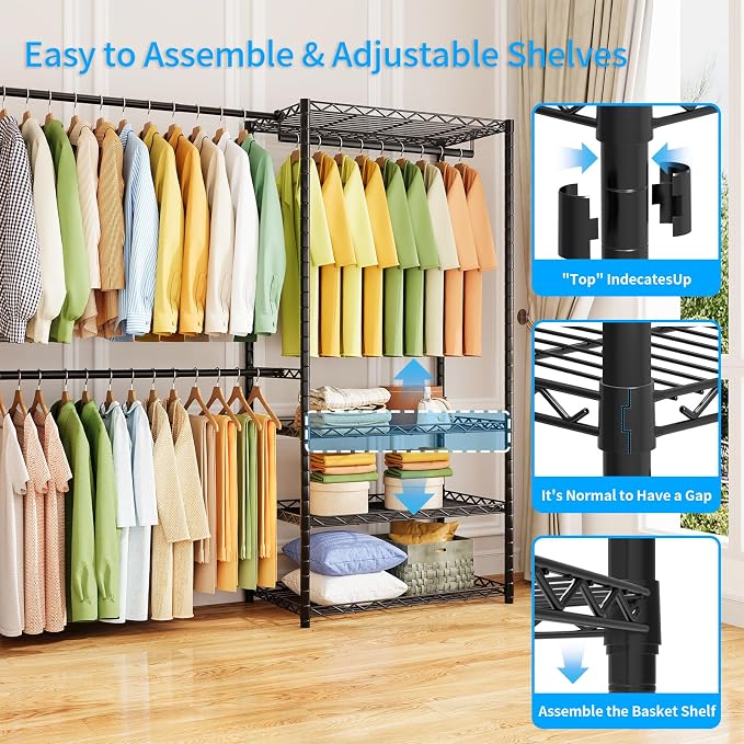 ecobedding Heavy Duty Garment Rack, 900LBS Max Load Freestanding Closet Organizer with 6 Storage Shelves & 3 Adjustable Hanging Rods, Multifunctional (Black, 15.75" D x (69.7~88.2)" W x 79.5" H)