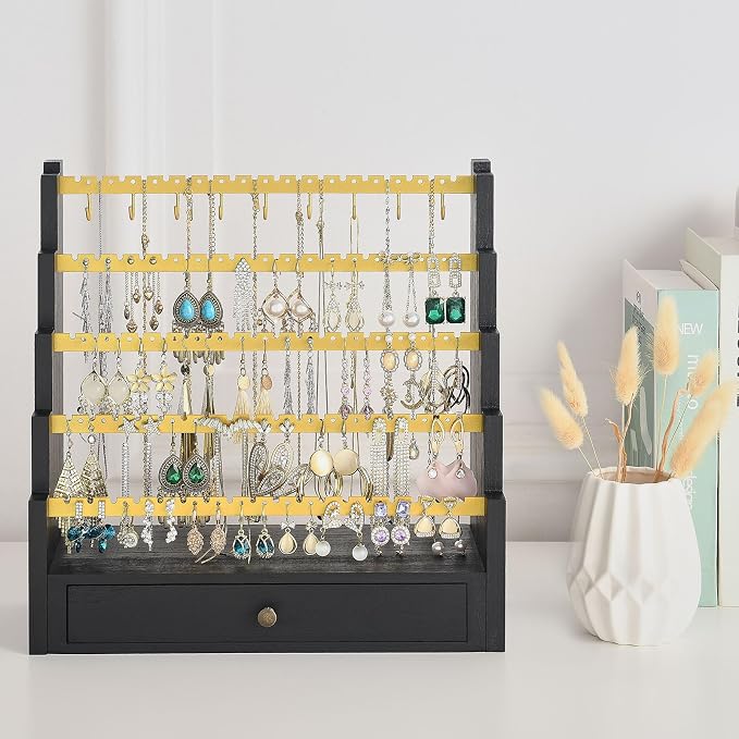 Pinzoveco Earring Organizer, 5 Layer Earring Holder Organizer with Metal Necklace Holder Pole, Rustic Wood Jewelry Organizer Stand Display for Stud Earring Bracelet Necklace Ring, 175 Earring Holes