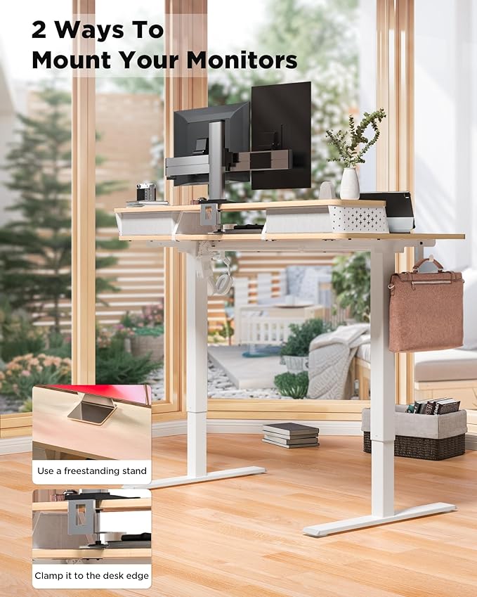 FiCiHi Standing Desk with Drawers, C-Clamp Mount Compatible, 55x24 Inch Electric Adjustable Height Computer Stand Up Desks, Home Office Sit Stand Table with 3 Preset Heights & 2 Hooks, Natural