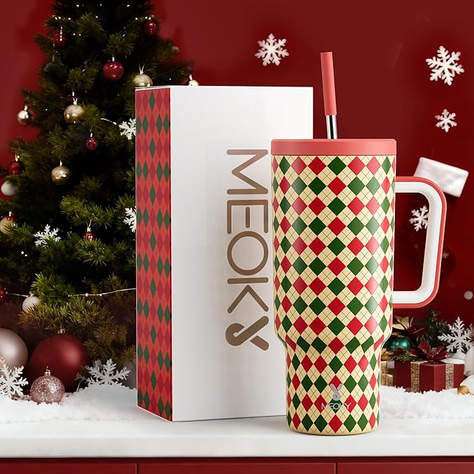 Meoky 40 oz Christmas Tumbler with Handle and Straw, Xmas Tumbler with Lid and Straw, Insulated Stainless Steel Travel Mug, Christmas Gifts for Women Men Adults (Winter Plaid)