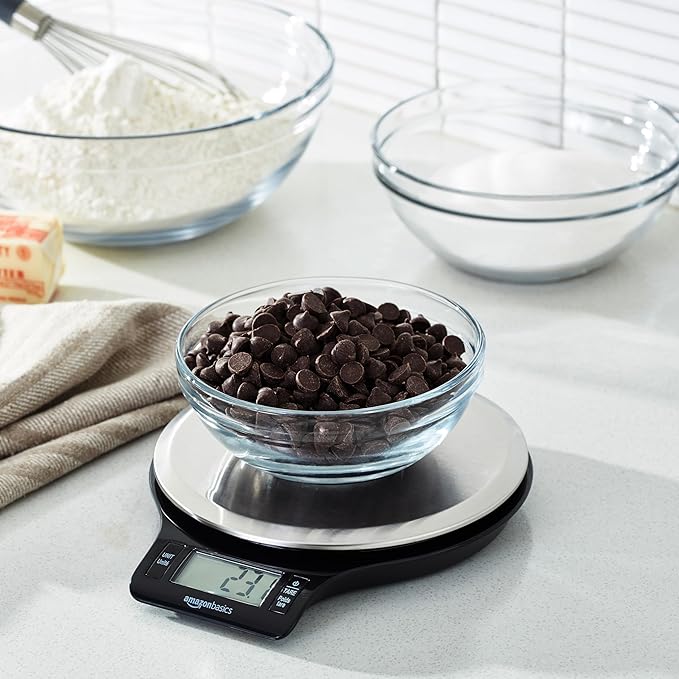 Amazon Basics Digital Kitchen Scale with LCD Display, Tare Function, Multiple Units, Weighs up to 11 Pounds, Batteries Included, Black and Stainless Steel