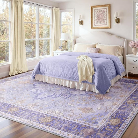 RELEANY Area Rugs 8'x10' Washable Non-Slip, Floral Vintage Distress Medallion Carpet for Living Room Bedroom Dining Room, Light Purple Brown
