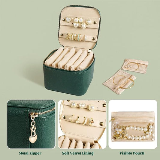 Travel Jewelry Case, Small Travel Jewelry Box with 6 Velvet Jewelry Bag Mini Pouch, Portable Travel Jewelry Organizer for Rings Earrings Necklaces, Beauty Gifts for Women Girls (Green)