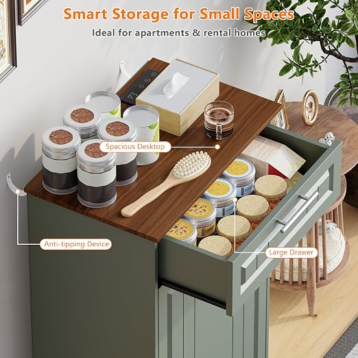 Single 10 Gallon Tilt Out Trash Can Cabinet with Deodorizing Function, Wooden Hidden Garbage Can Holder with Storage Drawers for Kitchen and Dining Room, Laundry Hamper Cabinet for Bathroom, Green