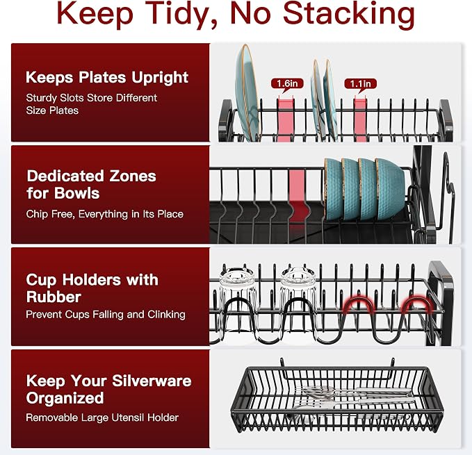 BOOSINY 2 Tier Black Dish Drainer Drying Rack and Drainboard Set, Large Stainless Steel Dish Dryer for Kitchen Counter Space Saving, Big Rustproof Metal Plate Strainer with Utensil Holder & Cup Holder