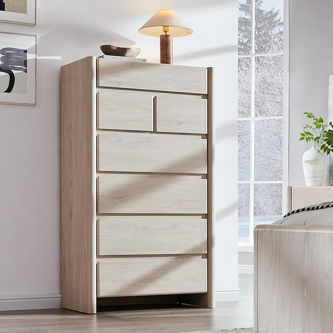 Modern 7 Drawers Dresser for Bedroom, 54.7" Tall Large Dresser & Chests of Drawers w/Rounded Corner, Wood Handleless Organizer Dresser w/Natural Texture for Bedroom, Living Room-Cream