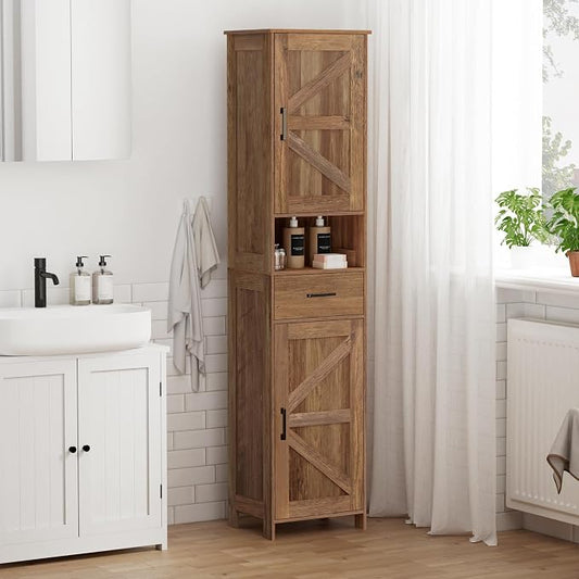 Homhedy 67" H Tall Bathroom Storage Cabinet with 2 Barn Doors and 1 Drawer, Narrow Storage Unit, Adjustable Shelves, Floor Cabinet for Bathroom, Living Room, Entryway, Kitchen, Rustic Walnut, (15.7"W)