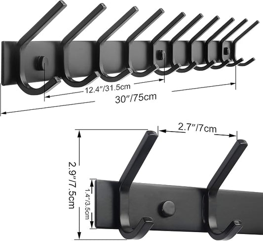 WEBI Coat Rack Wall Mounted,10 Hooks for Hanging Coats,30 Inch Hook Rack Hook Rail Coat Hanger Wall Mount for Backpack,Clothes,Jacket,Black