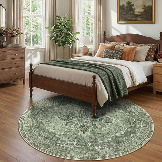 RELEANY Area Rugs Round 7ft Washable Non-Slip, Floral Vintage Distress Medallion Carpet for Living Room Bedroom Dining Room, Dark Green Gray