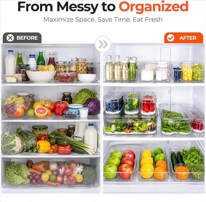 SMRCAD Refrigerator Organizers, Clear Pull-out Drawer Container and Organizer Bins with Lids, Stackable Storage Containers for Fruits, Vegetable (Set of 3 (Include Pull Out Drawer))