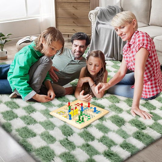 Area Rugs for Bedroom Living Room,5x8 Green and White Fluffy Soft Checkered Rug Fuzzy Shag Shaggy Carpet,Indoor Plush Floor Rugs for Teen Dorm Home Decor
