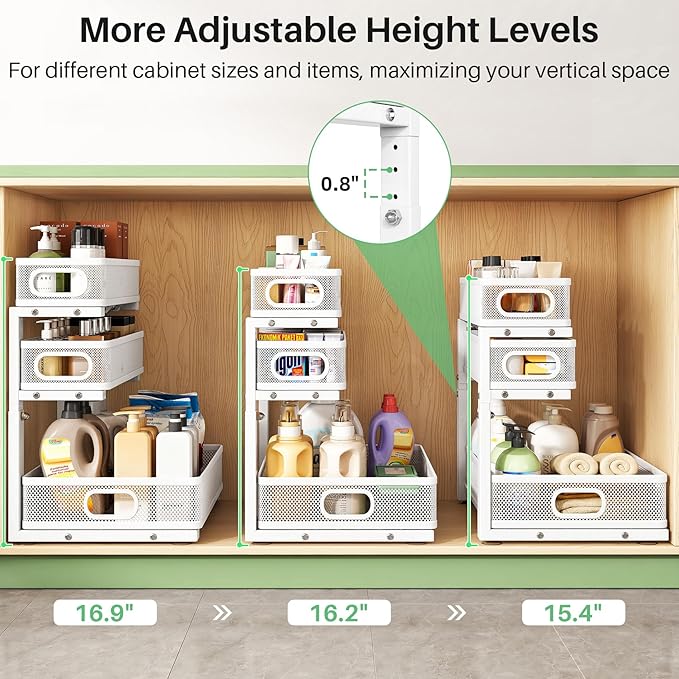 Kitstorack Under Sink Organizer, 1-Pack 3-Tier Height Adjustable Thickened Metal Pull out Cabinet Organizer Shelf, Slide out Storage Drawer Rack for Bathroom Kitchen Pantry Home Laundry Organization