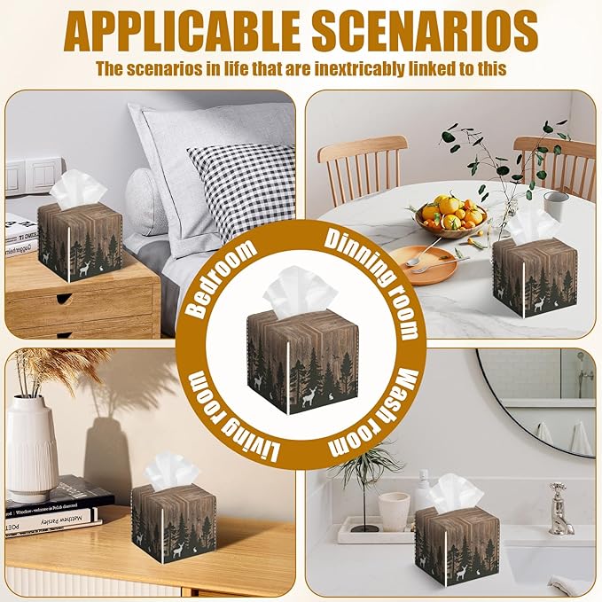 Deer Forest Wood Grain Tissue Box Cover 2PCS, Leather Tissue Box Holder Square Facial Paper Case Tissue Box Cube Organizer for Bathroom Bedroom Desk Office