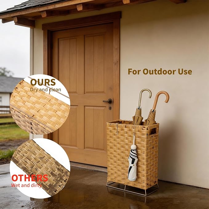 Umbrella Holder for Entryway - Handwoven Rattan Umbrella Stand Indoor with Water Reservoir Base, Durable Metal Hooks & Drip Tray, Stylish Umbrella Basket and Umbrella Storage Bucket
