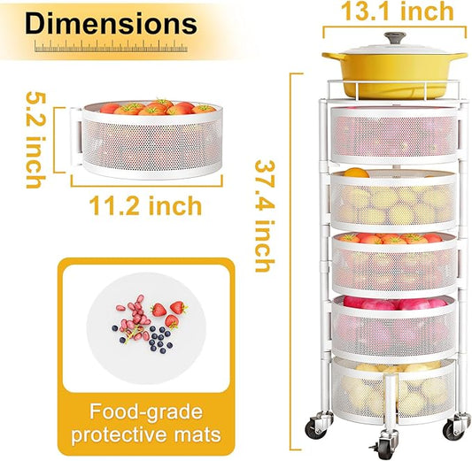 SNTD Fruit and Vegetable Basket Bowls for Kitchen with Metal Top Lid, 5 Tier Rotating Storage Rack Cart for Potato Onion Banana, Wire Basket Organizer on Wheels, Large (White)