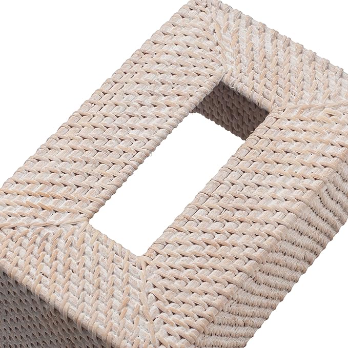 YANGQIHOME Rattan Tissue Box Cover, Rectangle Wicker Tissue Box Holder, Boho Facial Tissue Holder for Living Room, Bathroom, Kitchen, Bedroom, 10.2 x 6.2 x 5.3 inch, Whitewash