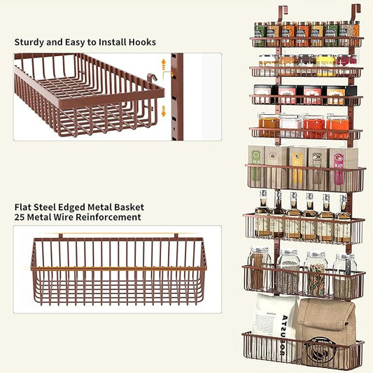 Moforoco Over The Door Pantry Organizer, Pantry Door Organizer Shelves, Kitchen Organizers and Storage, Hanging Basket Wall Spice Rack Seasoning Shelves, Laundry Room Bathroom accessories(Brown )