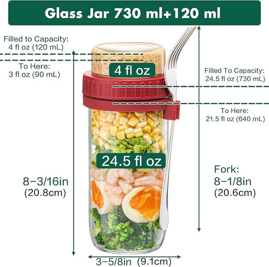 Danmu 24 oz Glass Meal Prep Containers 4-Pack with Lid & Dressing Cup - Leak Proof Salad Jars & Overnight Oats Containers with Lids Stainless Steel Fork Included for On the Go Lunch, Work, Fitness