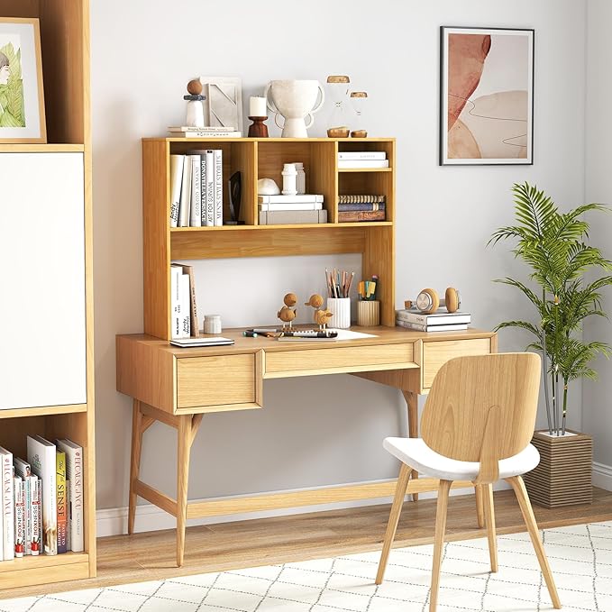 Desk Hutch, Desktop Shelf with 4 Shelves, Desk Bookshelf w/Anti-Toppling Devices, Wood Table Top Bookshelf Organizer, Small Desk Shelf for Study, Office, Dorm (Burlywood, 4 Shelves)
