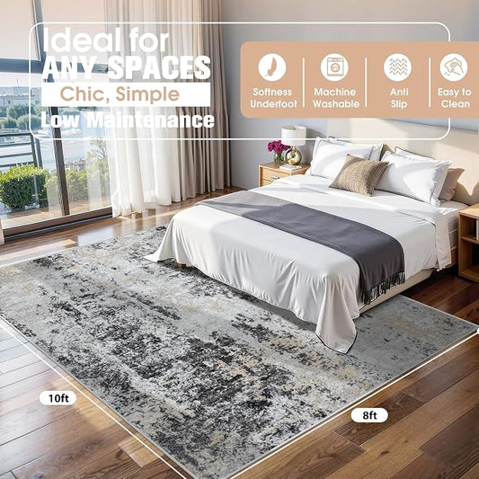 8x10 Area Rugs for Living Room Rug Washable: Abstract Large Rug for Dining Room Bedroom Carpet Non Slip 8 by 10 Indoor Modern Nursery Home Office Black Grey Gold