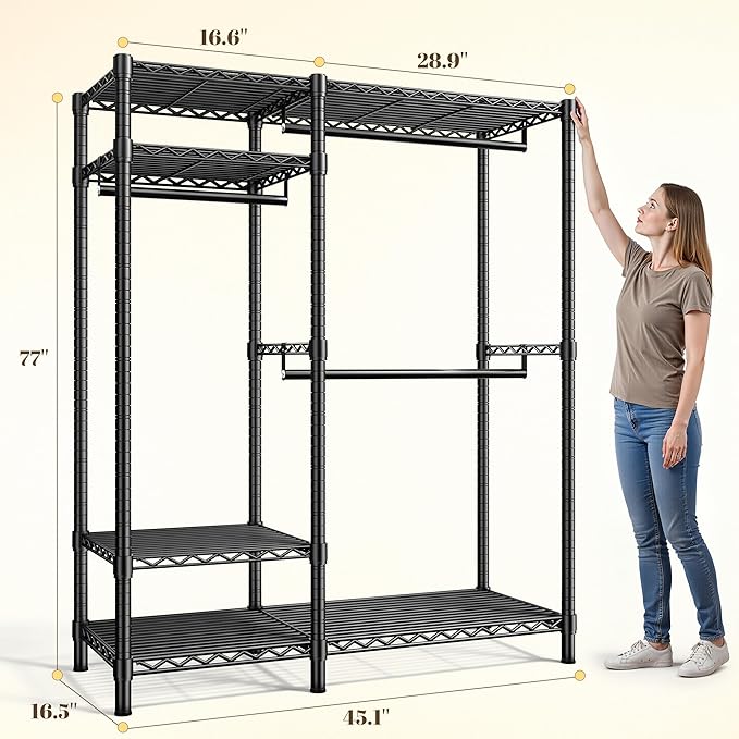 Raybee Portable Closet 780LBS, Heavy Duty Clothes Rack, Freestanding Clothing Rack with 3 Hanging Rods & 6 Shelves, Adjustable Wardrobe Closet Organizer System, Black