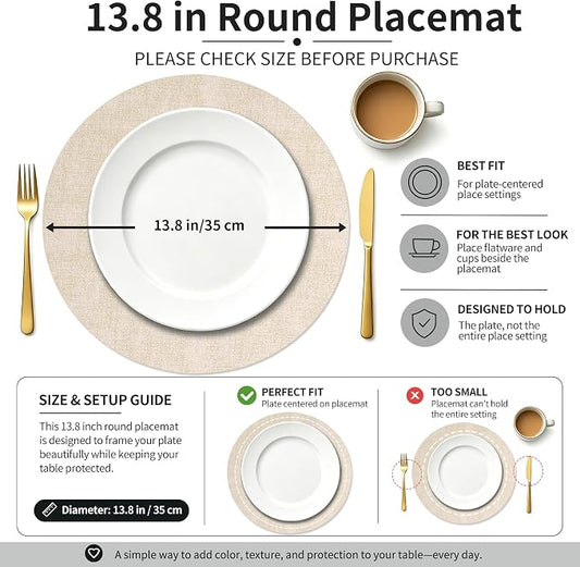 Maxpearl Round Placemats Set of 6, 13.8 inch Faux Leather Heat Resistant Table Mats, Non Slip Waterproof Wipeable Place Mats for Kitchen Dining Holiday Party Table Settings, Beige