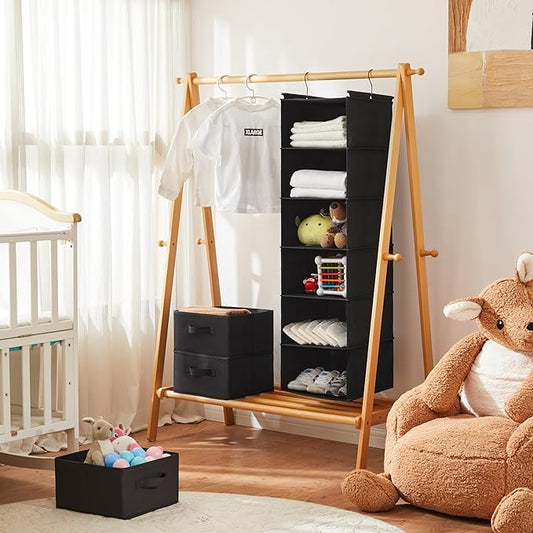 MAX Houser 6 Tier Shelf Hanging Closet Organizer, Closet Hanging Shelf with 2 Sturdy Hooks for Storage, Foldable (Black)