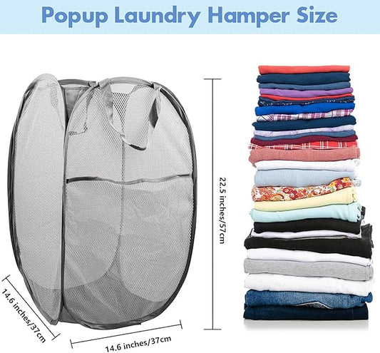 DUCOO Pop Up Laundry Hamper, 70L Collapsible Mesh Laundry Basket with Side Pocket, Foldable Dirty Clothes Hamper with Sturdy Reinforced Handles for Home Dorm Bedroom Travel Storage, Gray, 2Pack