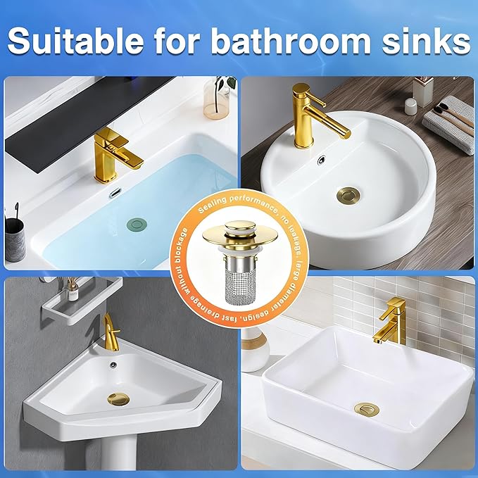 Sink Stopper Hair Catcher, Pop-up Sink Drain Strainer with Removable Stainless Steel Strainer Basket Hair Catcher, Bathroom Sink Strainer for Bathroom Sink Stopper Replacement(Brushed Gold-1PCS)