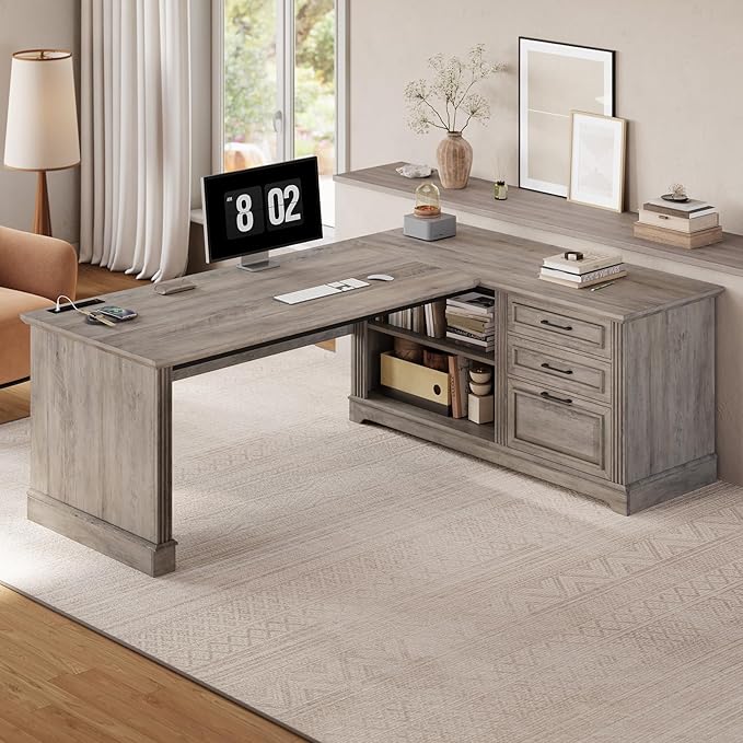 SEDETA Executive Desk, 61" Farmhouse L Shaped Desk with File Drawers, Office Desk with Drawers and Power Outlets, Computer Desk with Storage Shelves for Home Office, Grey
