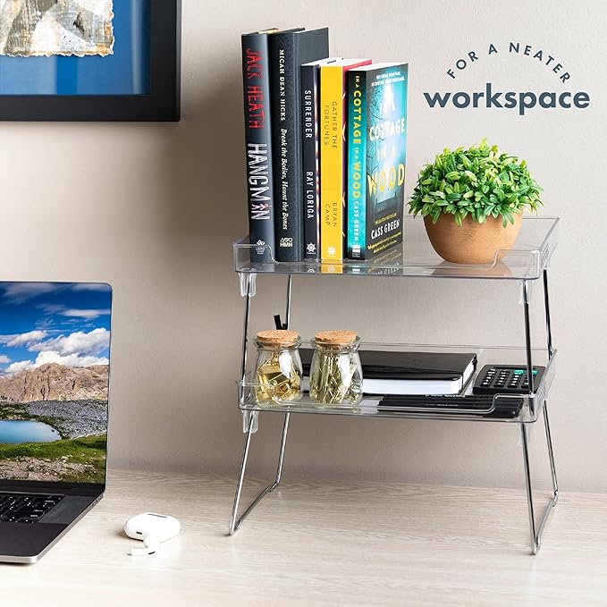 Masirs Clear Stackable Shelf, Easily Organize Your Kitchen Counter and Cabinet Shelves While Creating Extra Storage Space with This Foldable Translucent Plastic Shelf, (2-Pack)