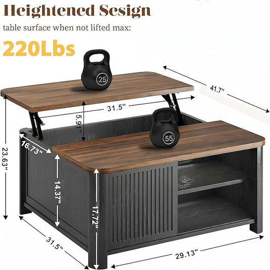 Decofy Lift Top Coffee Table with Storage Mid Century Modern Square Coffee Tables for Living Room, Large Hidden Storage Compartment, Adjustable Shelves & Sliding Door