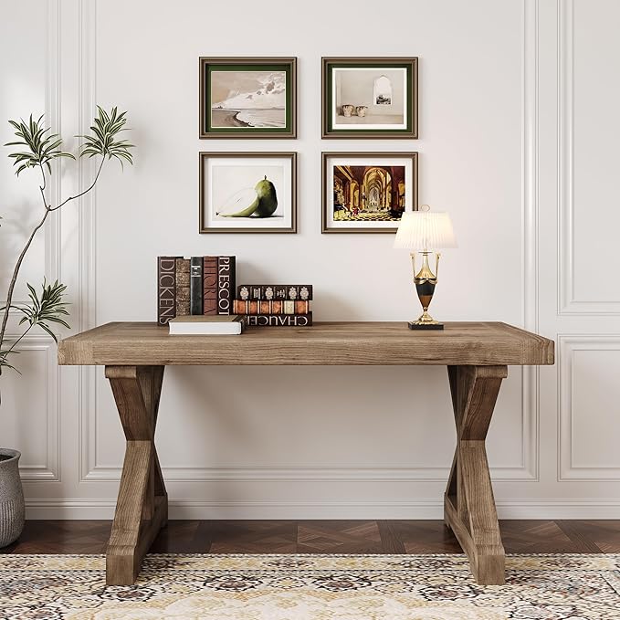 homary 47.2" Solid Wood Executive Desk, Rustic Farmhouse Home Office Desk with X-Trestle Base, Compact Writing & Computer Table for Home Office or Study Room
