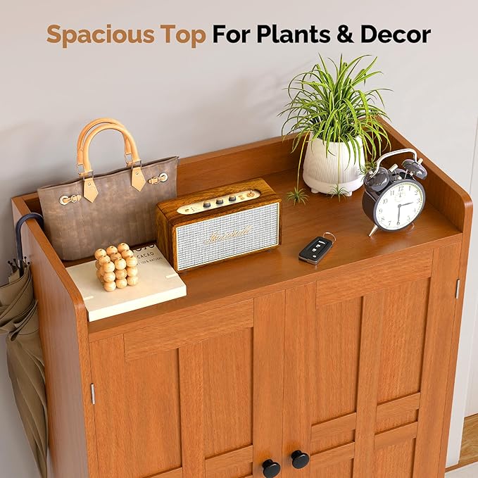 Farmhouse Shoe Cabinet with Doors, 6-Tier Wooden Shoe Organizer with Adjustable Shelves, Entryway Storage Cabinet with Metal Legs, Rustic Shoe Storage for Entryway or Living Room (Walnut)