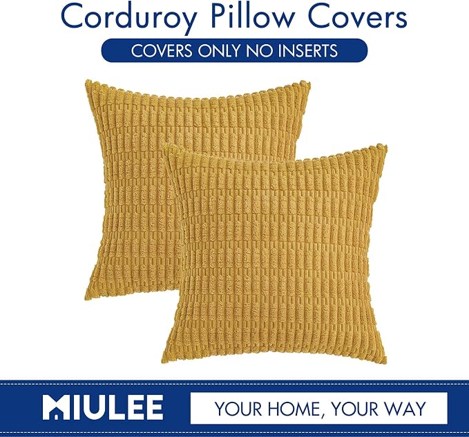 MIULEE Pack of 2 Corduroy Decorative Throw Pillow Covers 20x20 Inch Soft Boho Striped Pillow Covers Modern Farmhouse Home Decor for Summer Sofa Living Room Couch Bed Yellow