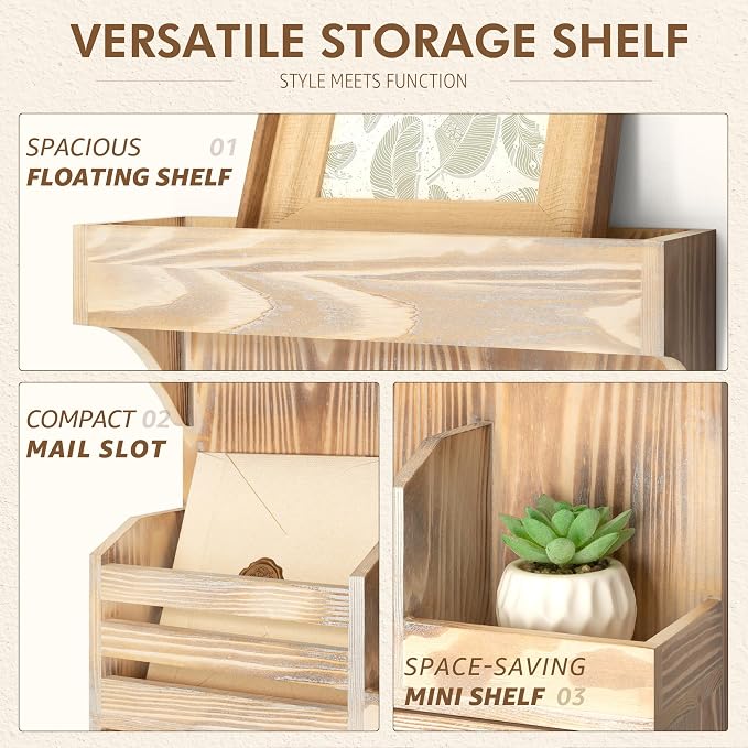 Rebee Vision Farmhouse Key Holder Wall Mount with Drawer Organizer – Wooden Mail & Key Organizer with 6 Strong Hooks & Wall Shelf – A Perfect Addition to Your Farmhouse Home Decor (Natural Wood)