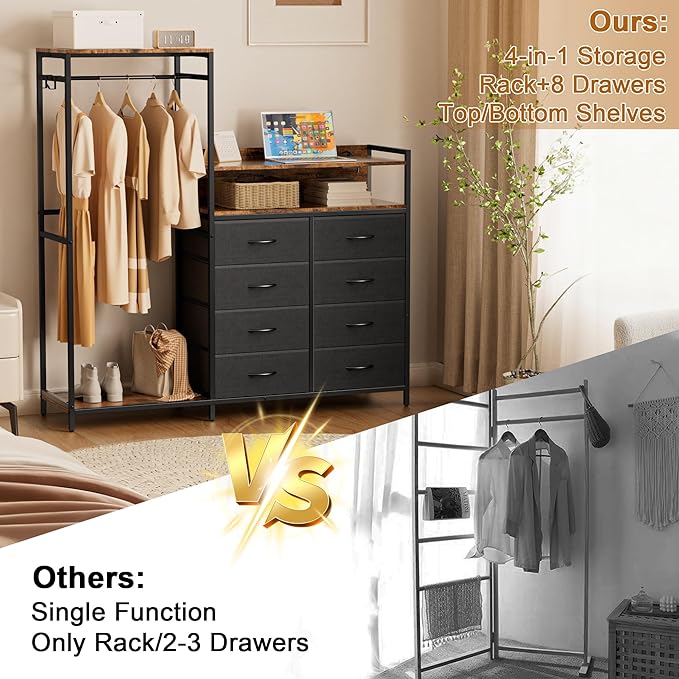 Dresser with Clothes Rack,58" H Clothing Rack with Fabric Drawers & LED Lights,Clothes Racks for Hanging Clothes,8 Drawers Dresser,Garment Rack for Bedroom with Charging Station,Grey