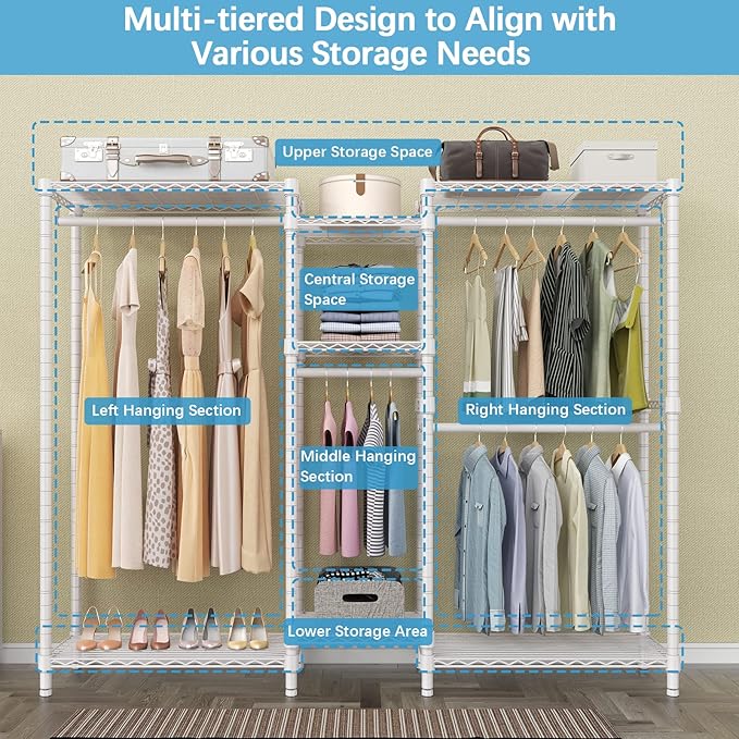 VIPEK Classic V6C Heavy Duty Covered Clothes Rack Portable Wardrobe Closet, 5 Tiers Wire Garment Rack White Metal Clothing Rack with Grey Oxford Cover, 70.1" L x 17.3" W x 76.4" H, Max Load 870 LBS