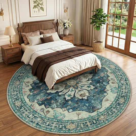 RELEANY Area Rugs Round 10ft Washable Non-Slip, Floral Vintage Distress Medallion Carpet for Living Room Bedroom Dining Room, Dark Blue Vintage