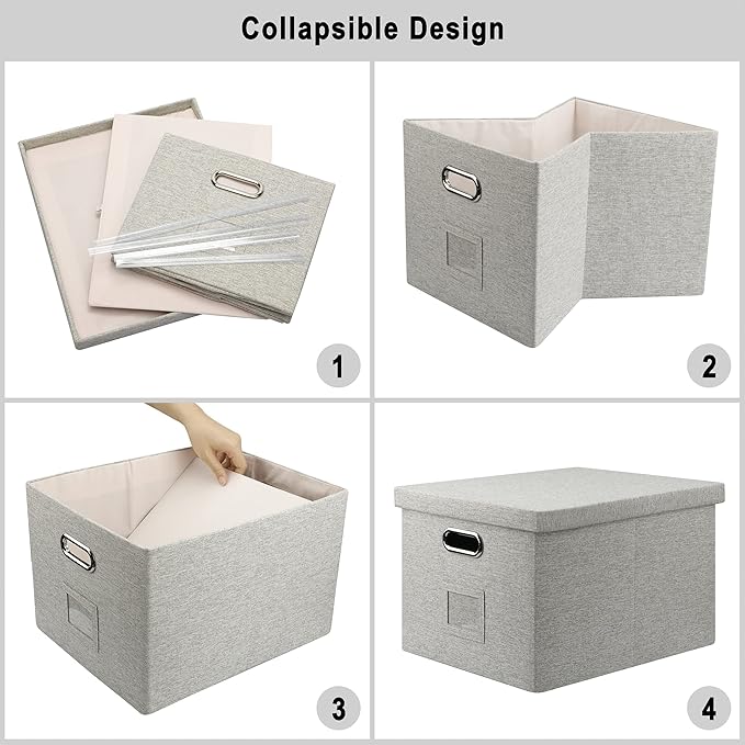 Graciadeco 4-Pack Modern Minimalist Beige Collapsible Linen File Folder Box Office Document Storage Filing Bin with Lid for Letter Legal Size Hanging Folders