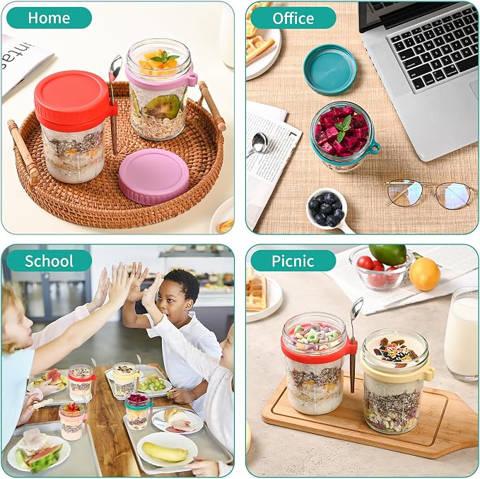 Xileanalee 6 Pack Overnight Oats Containers with Lids and Spoons-18 Oz Overnight Oats Jars Mason Jars for Chia Pudding Cereal Fruit Vegetable Milk Salad Yogurt Meal Prep