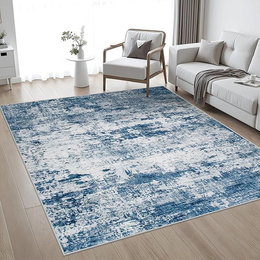 4x4 Area Rug Living Room Rug: Washable Modern Abstract Soft Thin Rug Indoor Floor No Slip Stain Resistant Carpet for Bedroom Dining Room Farmhouse Nursery Home Office - Blue