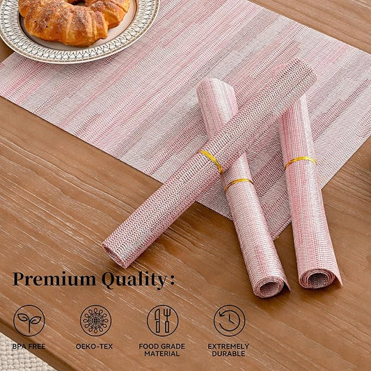 Leetaltree Misty Rose Placemats Set of 6 - Heat Resistant Non-Slip Place mats for Dining Table, Washable Durable PVC Vinyl Woven Table Mats(Misty Rose, 6)