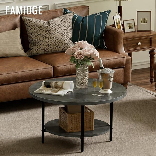 FAMIDGE Coffee Table, 27.6“ Circle Coffee Tables for Living Room, 2 Tier Round Coffee Table with Storage, Wood Accent Center Floor Table for Bedroom, Industrial Home Office, Elegant Gray