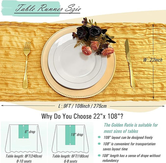 8 Pack Gold Cheesecloth Table Runner 22 x 108 inch Gauze Cheese Cloth Table Runner Bulk for Rustic Wedding Baby Shower Birthday Party Boho Table Decor